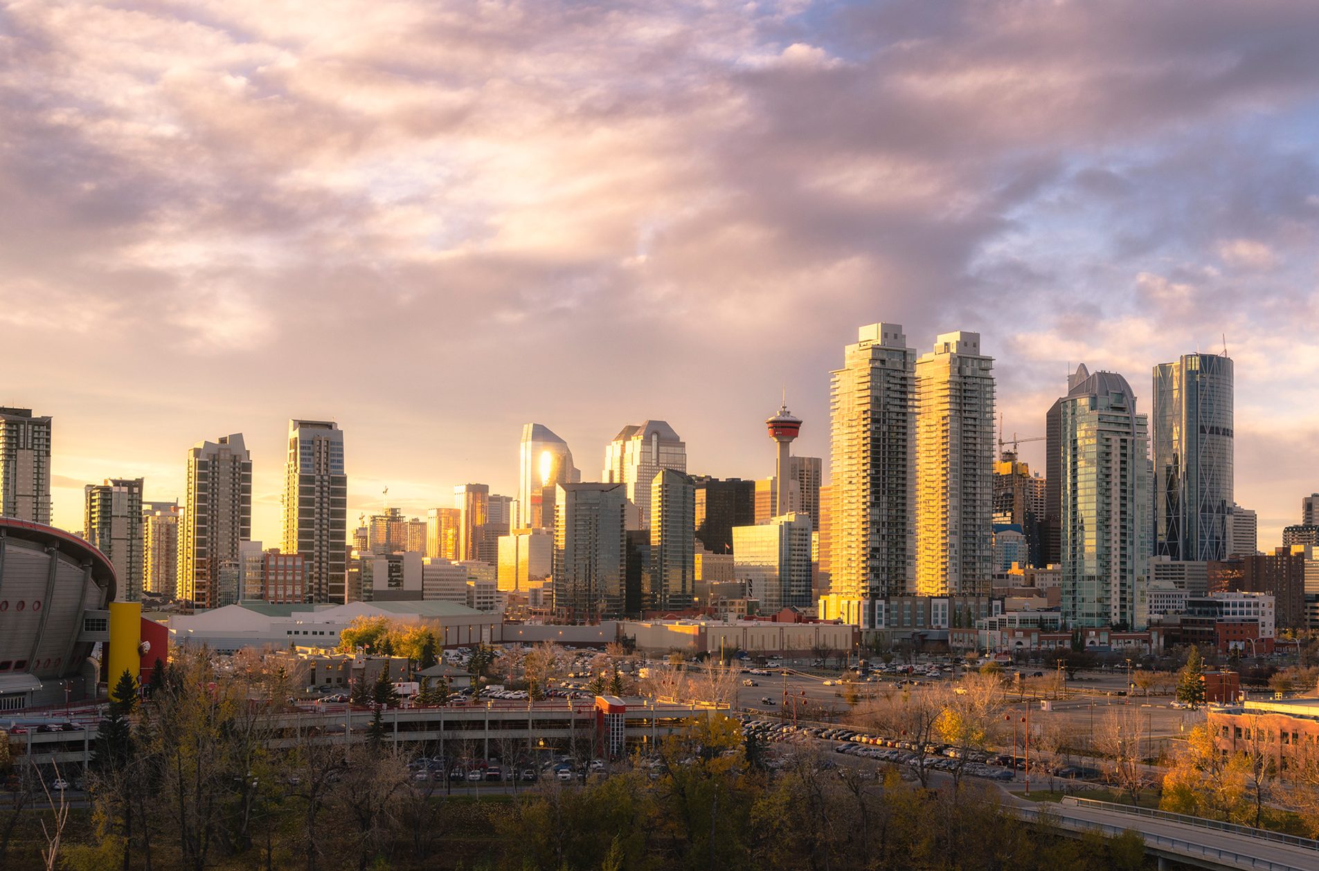 Calgary skyline at sunrise — Stokes Law LLP serves families and businesses across Alberta
